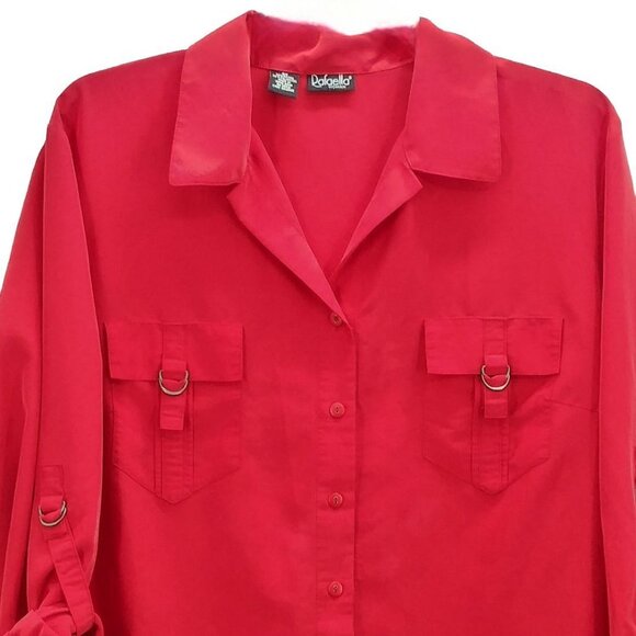 Rafaella Plus Size 3X Top Red Button-Down Shirt Adjustable Sleeves Front Pockets - Picture 3 of 8